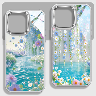 蓝色花朵手机套适用苹果iPhone16promax简约ins冷淡风15plus小清新14pmx夏日11限定13px大孔不包镜头12pm玻璃