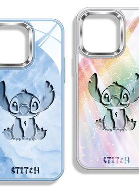 史迪奇适用苹果iPhone16promax新款大镜头保护手机壳15plus卡通可爱史迪仔14pm星际宝贝13pmx方框玻璃壳IP12