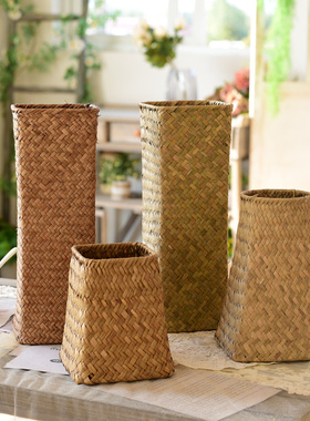 天然海草编织花篮藤编竹编花器干花花瓶田园装饰花盆客厅室内摆件