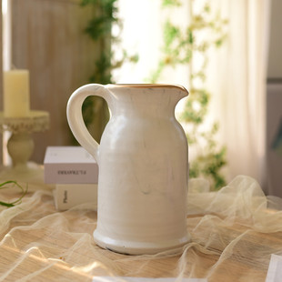 乡村复古白瓷陶瓷花瓶花壶花器手工艺术品装 饰器皿仿真花摆件 法式