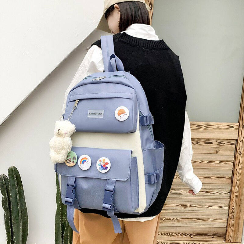 织兰书包初中女大容量高中大学生双肩背包韩版帆布系蓝色五件套（