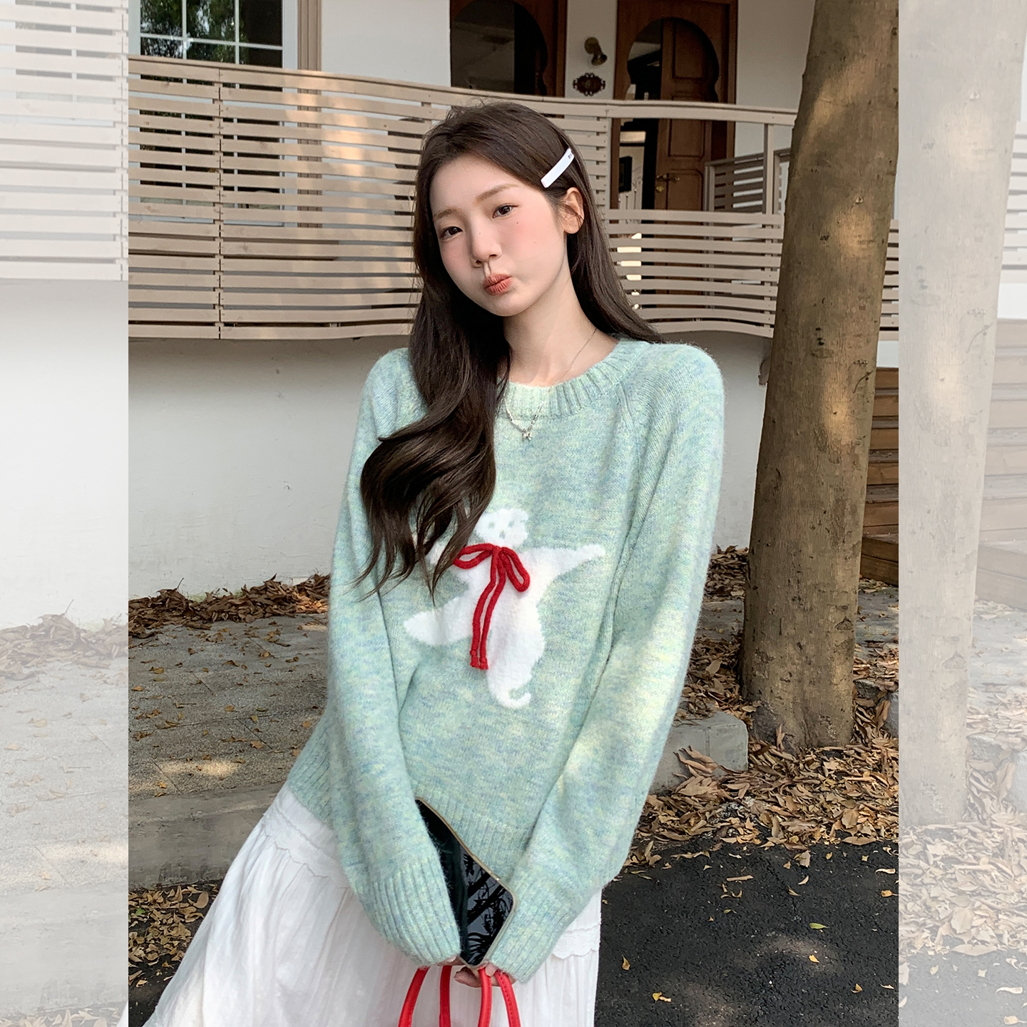 实拍实价韩系毛衣宽松软糯减龄卡通小熊系绳上衣女2025秋款针织衫