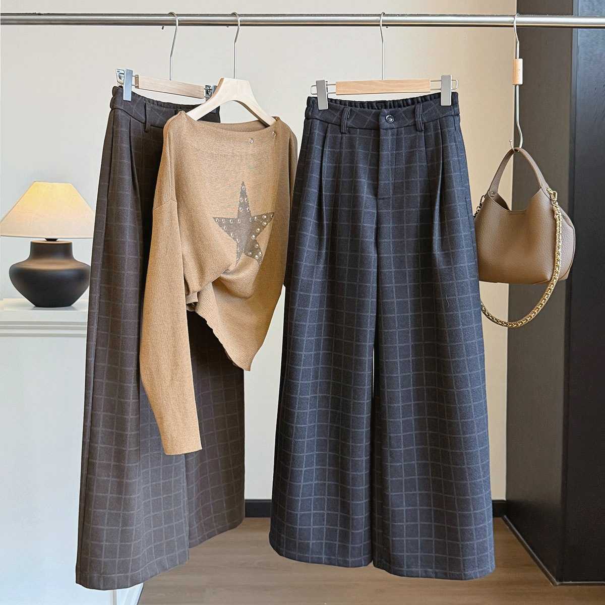 韩系复古毛呢格子阔腿裤女秋冬新款高腰宽松显瘦休闲格纹直筒长裤