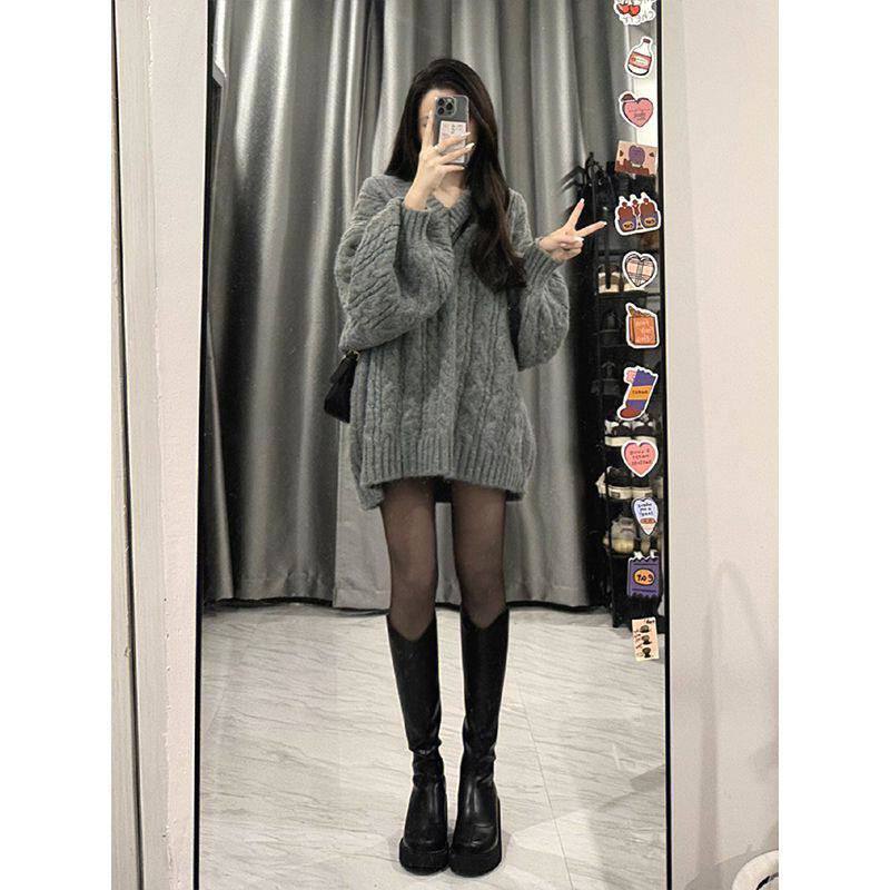 套头毛衣灰色秋冬上新针织中长款V麻花ins复古宽松风女领慵懒
