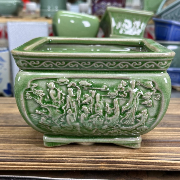 直播浮力822】14.5*14.5*10陶瓷浮雕冰裂石湾款八仙过海四方花盆