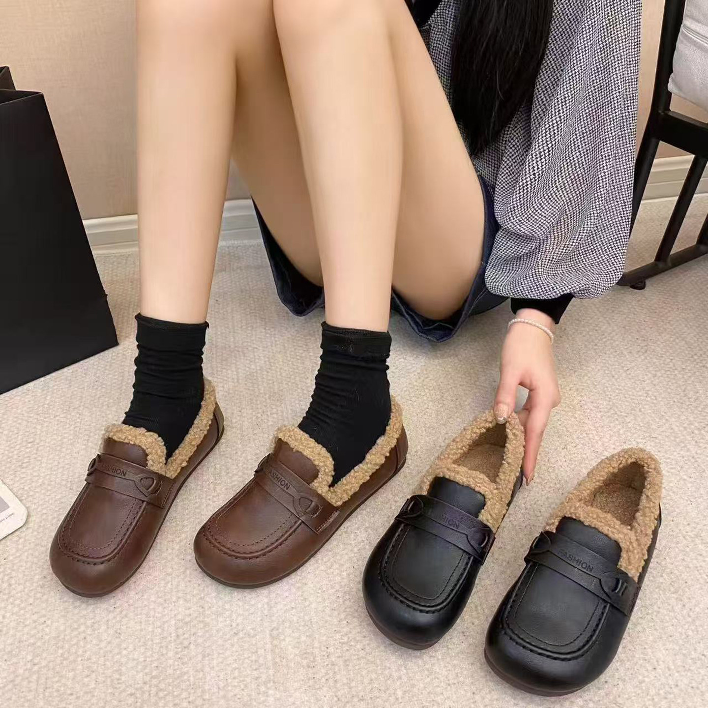 2025新款秋冬季加绒保暖棉鞋女平底防滑豆豆鞋羊羔绒毛毛鞋乐福鞋,女鞋,乐福鞋（豆豆鞋）,淘宝优惠券,粉丝福利购,淘宝优惠卷