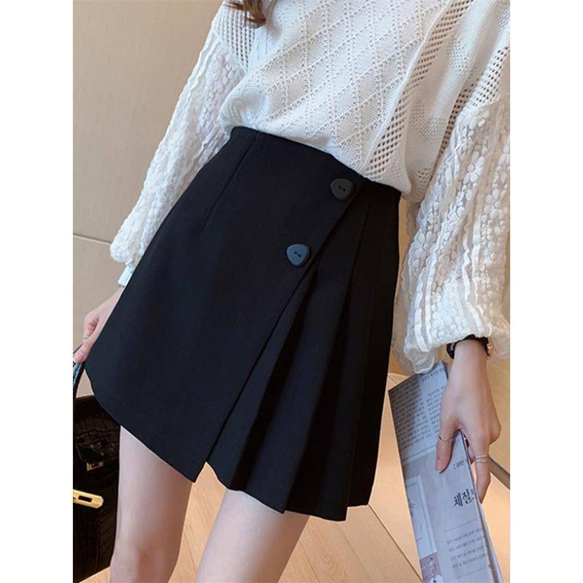 黑色百褶裙半身裙子女秋装新款大码不规则裙裤显瘦遮肚a字裙短裙