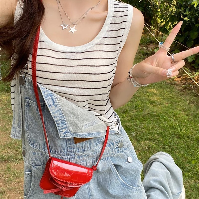 大码冰丝条纹吊带背心o女夏季外穿胖mm显瘦遮肚子内搭W无袖针织上