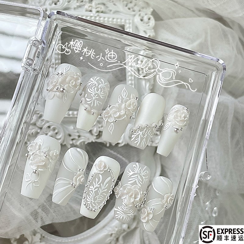 花间素白色婚甲手工可定制穿戴甲立体雕花手绘浮雕可拆卸指甲美甲