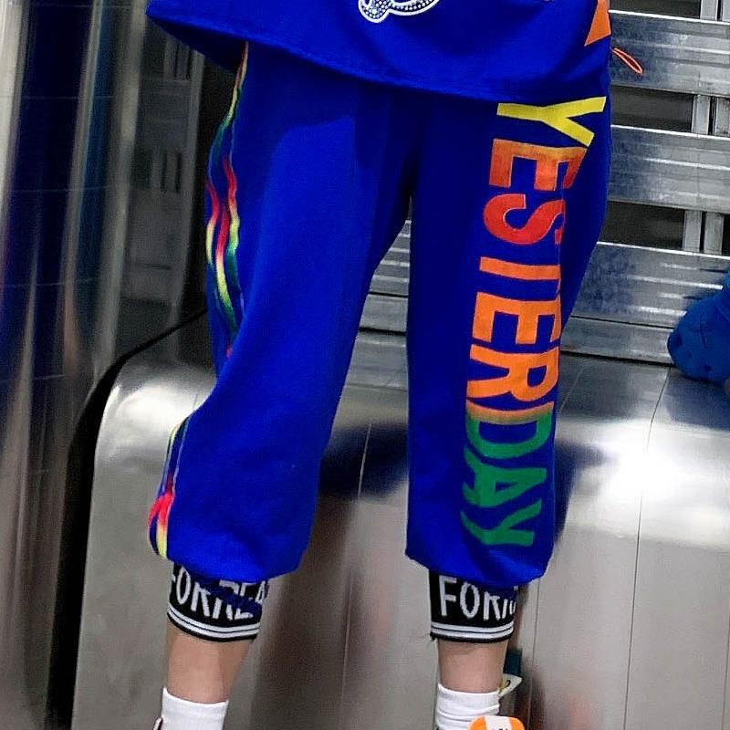 休闲裤女百搭宽松束脚大码2021年新款哈伦裤女夏季彩色英文八分裤