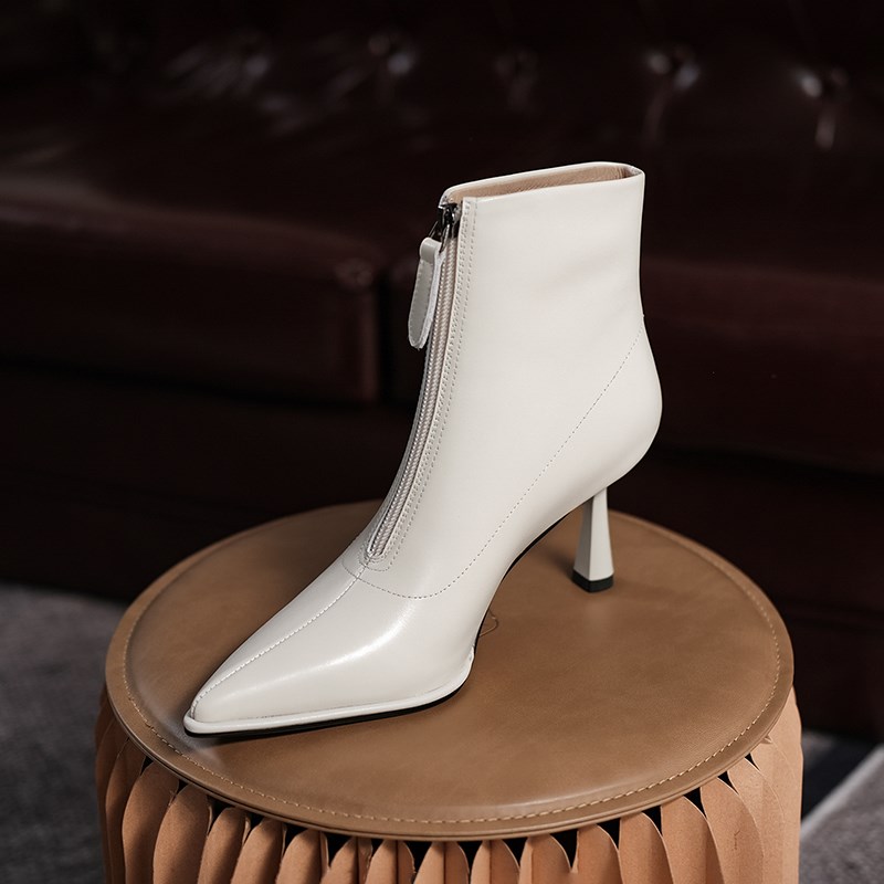 韩版真皮头层牛皮短靴女单靴米白色细高跟尖头拉链马丁靴气质百搭