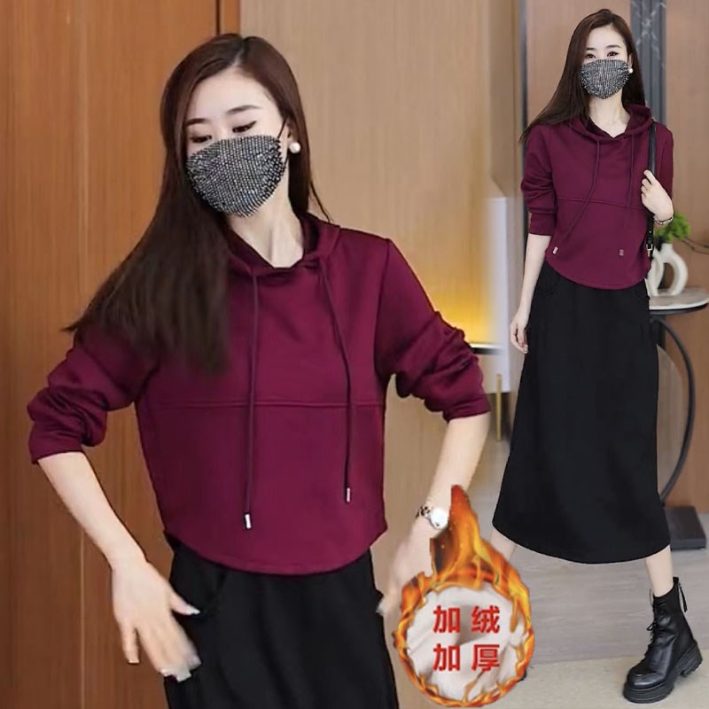 显瘦上衣洋气遮肉加绒厚春秋冬季新款G爆款连帽短款长袖t恤女卫衣