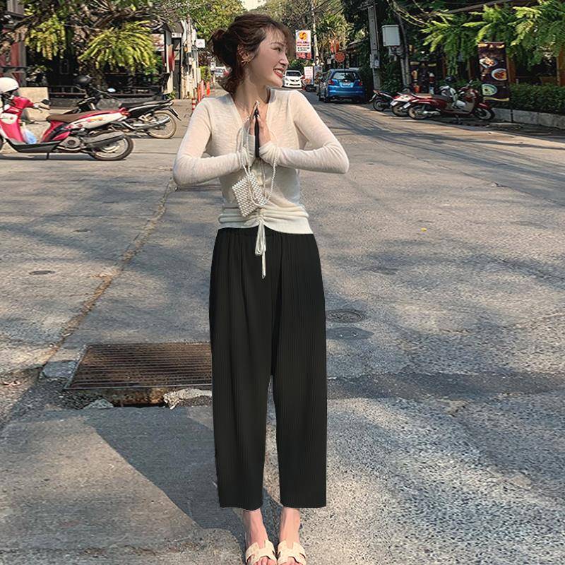 大码阔腿裤女春夏2024新款百褶奶奶裤胖妹妹宽松显瘦直筒萝卜裤子