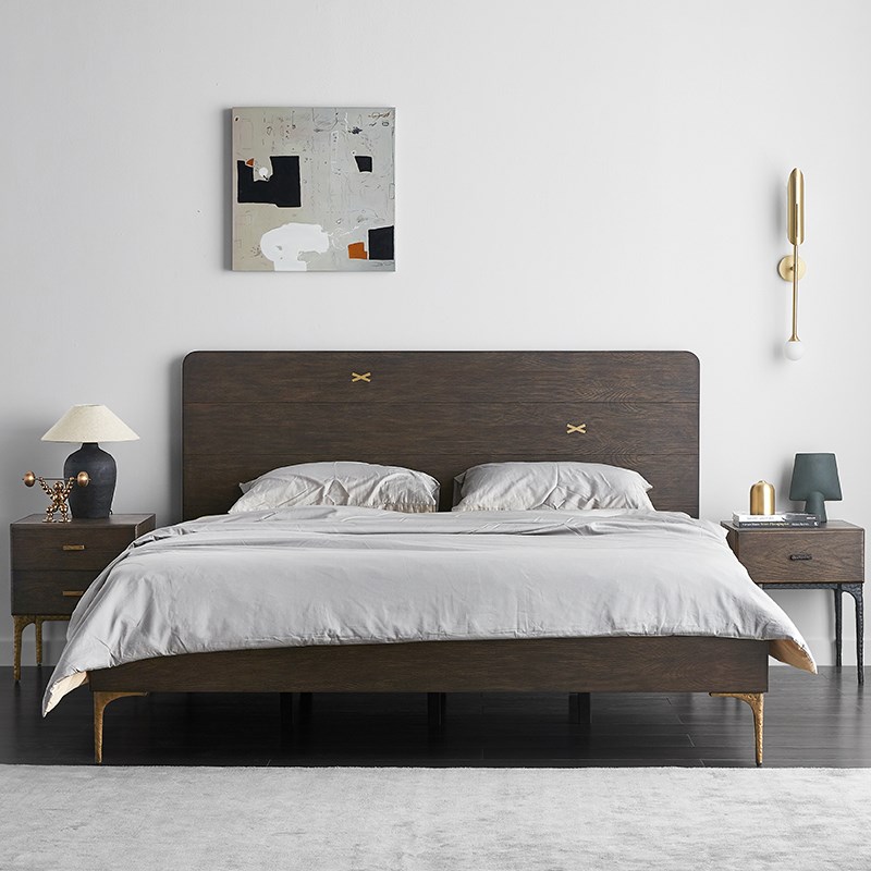 北欧复古轻奢实木床1.8米主卧双人床现代简约黑胡桃木床1.5米卧室