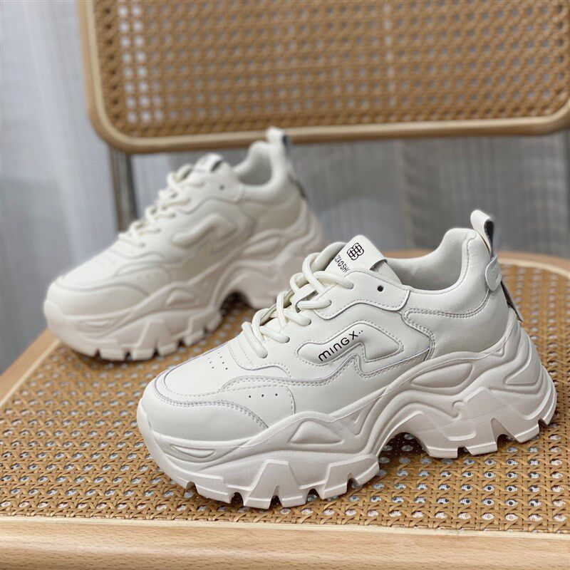 真皮厚底老爹鞋女2024年秋季新款小个子增高6cm运动鞋透气休闲鞋