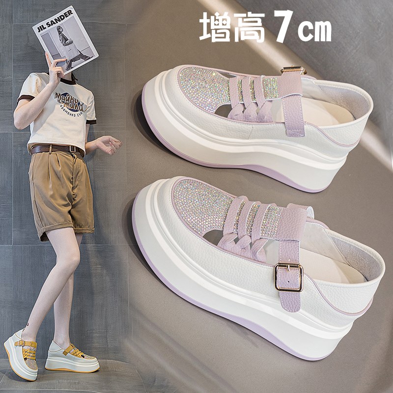 真皮两穿踩跟内增高包头凉鞋女厚底镂空水钻扣带松糕鞋小码33 34