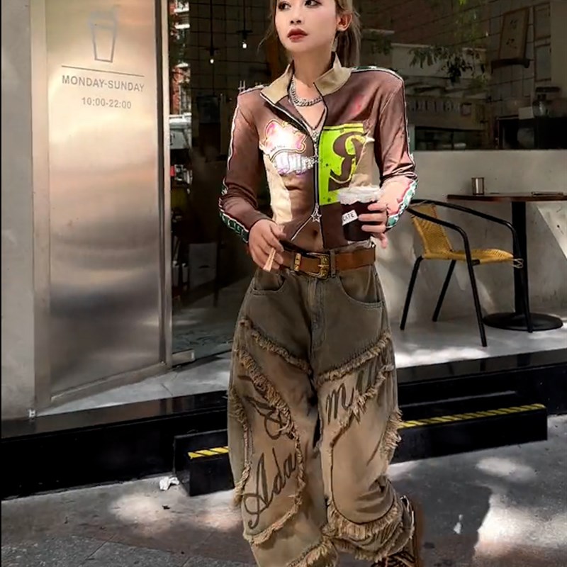 欧货女裤2023春秋新款重工字母高腰做旧水洗牛仔裤阔腿哈伦裤女潮