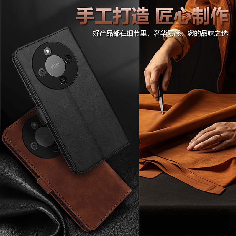 适用于华为荣耀x70手机壳真皮肤感搭扣ry x7o翻盖双面保护皮套NAH-AN10全包防摔插卡牛皮支架钱包款老人妈妈