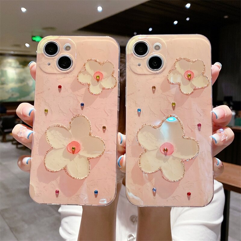 适用于 iphone13手机壳亮面花朵时尚苹果13promax精孔全包个性钻石纹i13pro透明边超薄防摔保护套油画红蕊