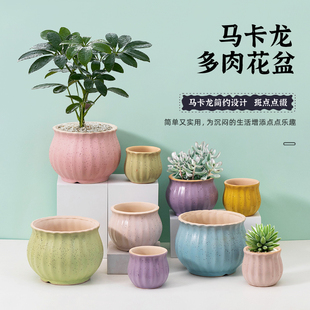 马卡龙系列多肉花盆大小号创意花瓣圆款 陶瓷办公桌书桌带竹托