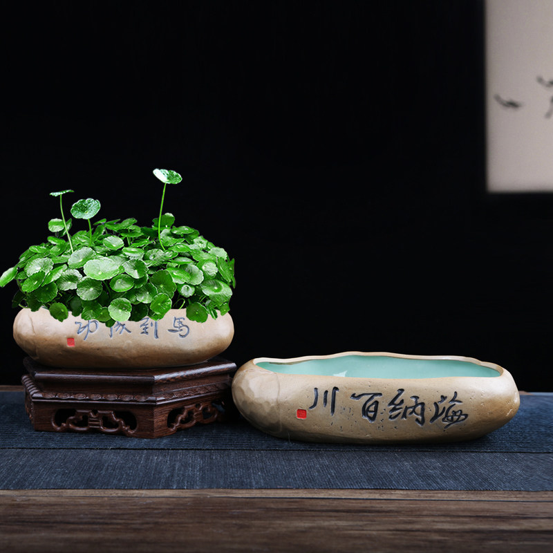 仿石头花盆菖蒲小盆景铜钱草专用水培碗莲荷桌面古典水仙陶瓷睡莲
