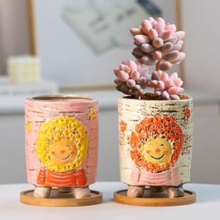 田园卡通女孩多肉专用花盆透气陶瓷圆筒高脚大号家用桌面盆器带托