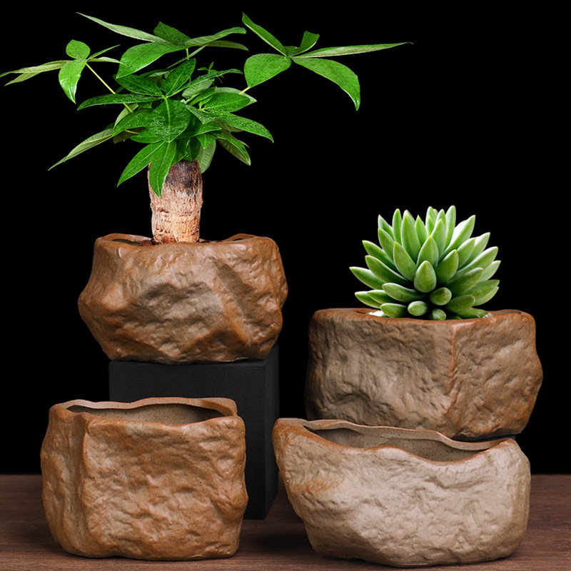 多肉花盆陶瓷创意文竹小绿植个性仿石头粗陶菖蒲盆景造型2021新款