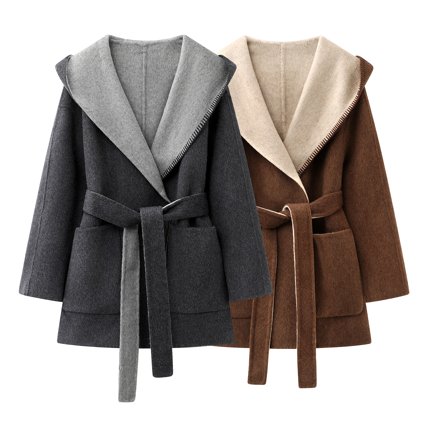 两面穿！双面羊毛大衣女2025冬新款短款连帽浴袍式收腰双面呢外套