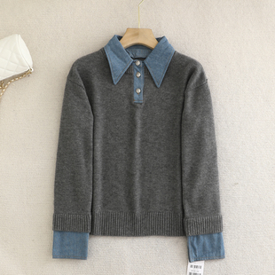 诗系!自留爆款高定推荐上身效果嘎嘎好撞色牛仔拼接针织衫毛衣女