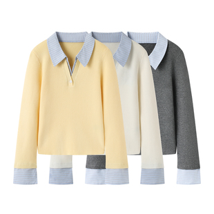 阔系！条纹假两件polo领上衣灰色女2025秋新款黄色修身显瘦针织衫