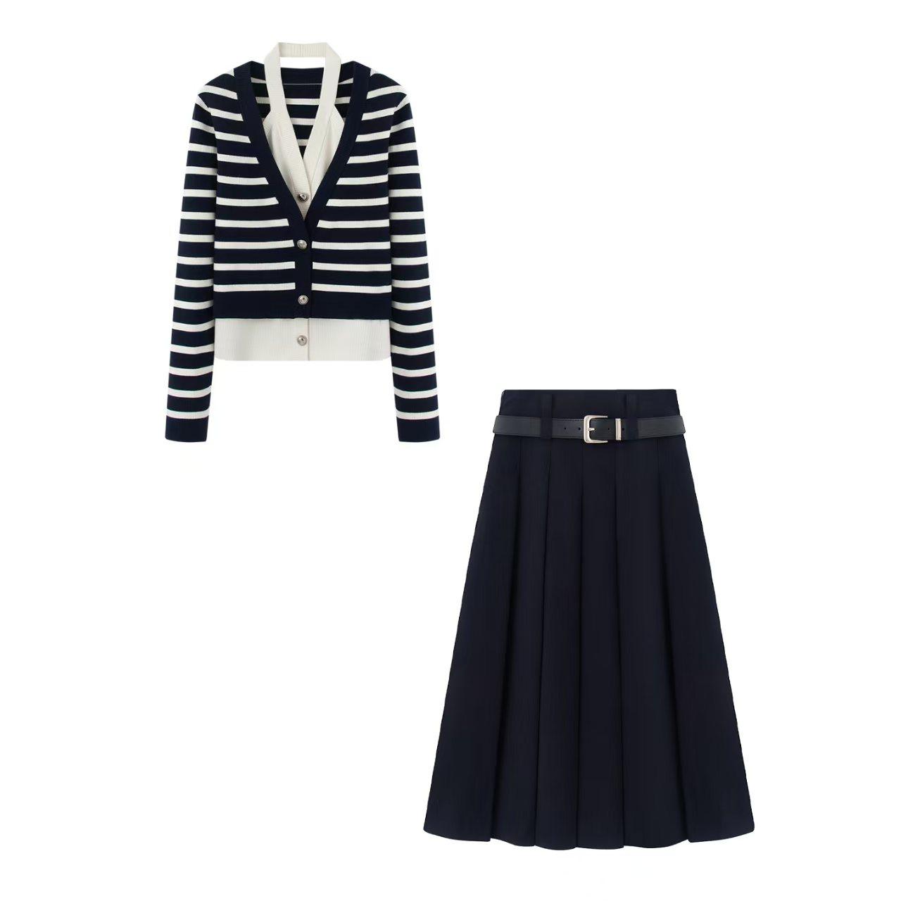 小艾！2026春季假两件针织衫显瘦毛衣条纹V领开衫半身裙两件套女,女装/女士精品,时尚套装,淘宝优惠券,粉丝福利购,淘宝优惠卷