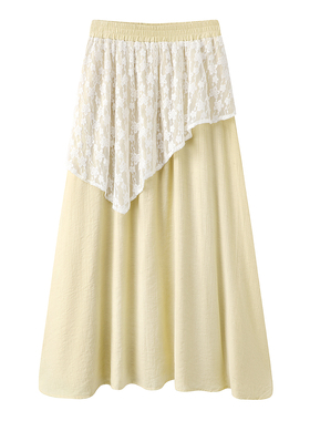 阔系！黄色半裙法式蕾丝屁帘拼接长裙2025夏季穿搭新款女装半身裙