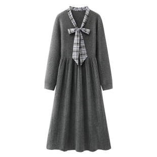阔系 格子蝴蝶结miu系穿搭连衣裙长裙女2025秋冬灰色针织毛衣裙