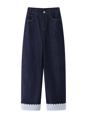 阔系の条纹花边蓝色休闲直筒长裤女2025秋季新款松驰感阔腿牛仔裤