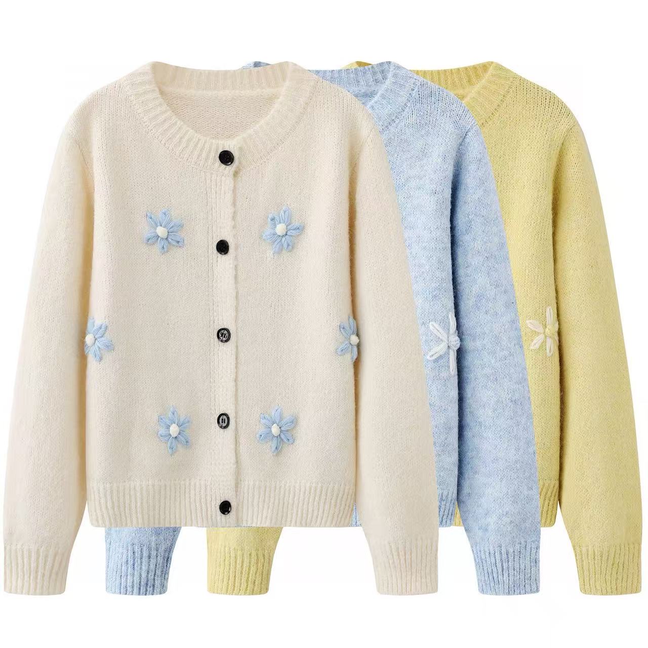 黄色立体勾花毛衣开衫女2025秋季新款宽松慵懒温柔风韩系针织外套