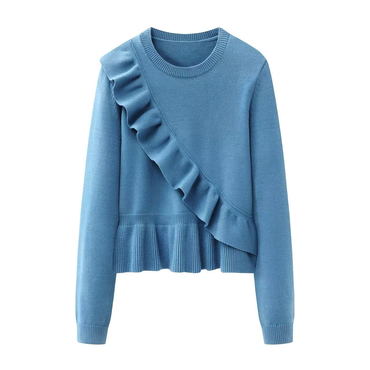 阔系！蓝色荷叶边毛衣内搭针织衫长袖上衣2025秋冬新款女装打底衫