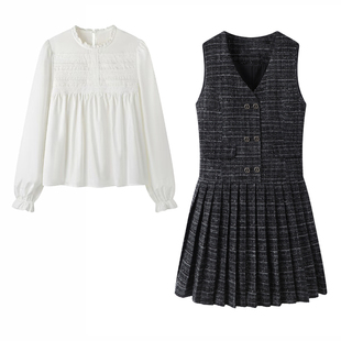 高级感千金小香风连衣裙女2025春秋木耳边白色衬衫 背心裙 百褶无袖