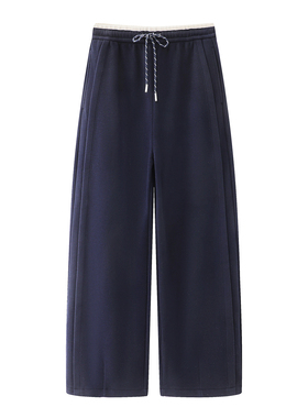 彩系！藏蓝色加绒阔腿裤女秋冬2025高腰显瘦直筒休闲运动弯刀裤子