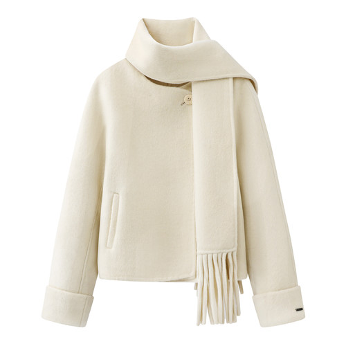 檬系！韩系温柔风围巾流苏双面毛呢外套女2025秋冬小个子羊毛大衣