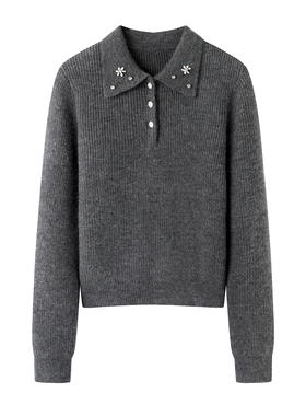 影系！polo翻领针织衫女2025秋冬新款毛衣钉珠深灰色长袖套头上衣