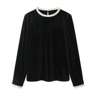 女2025早秋小香风名媛上衣洋气小衫 法式 气质木耳边拼接金丝绒衬衫