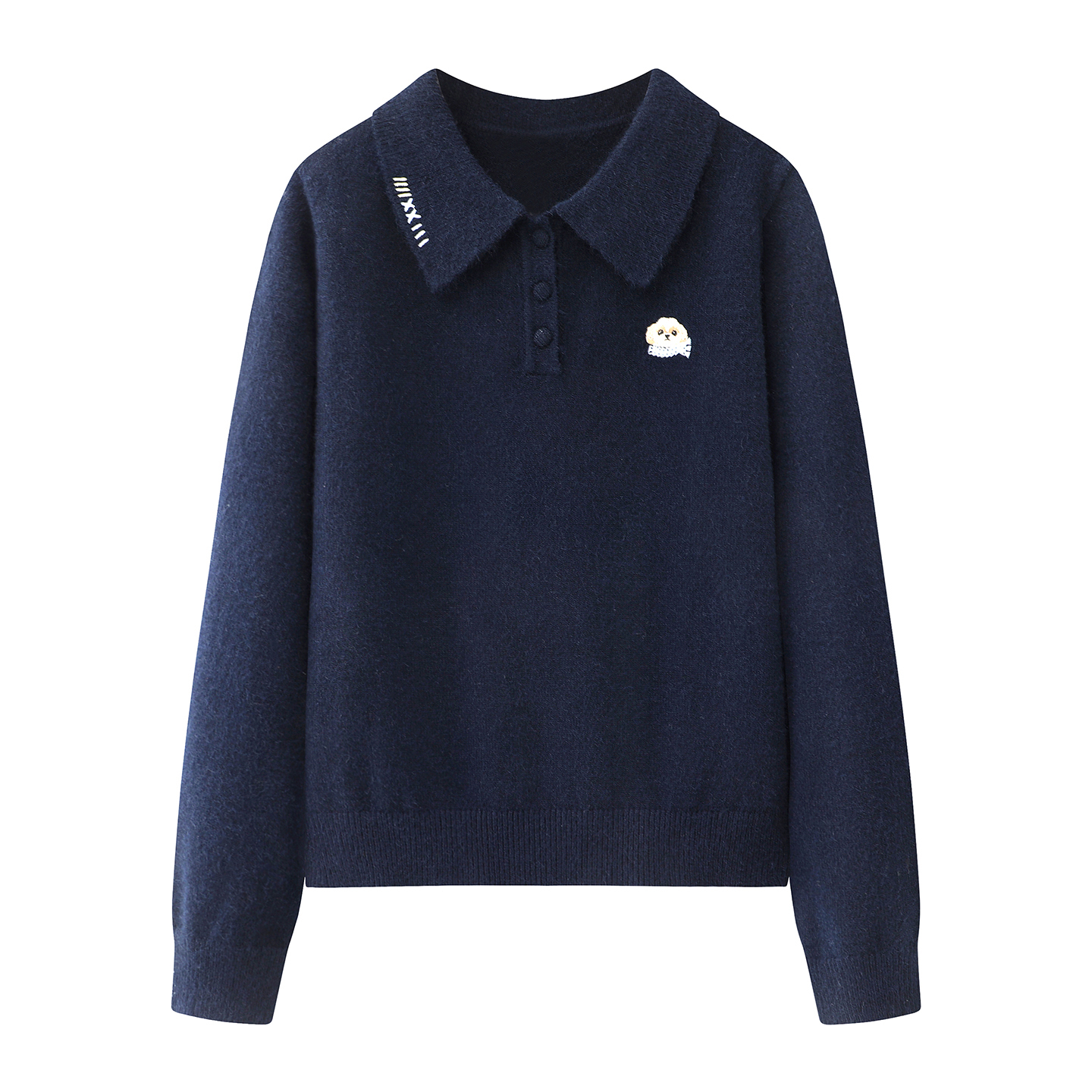 藏蓝色甜美刺绣翻领针织开衫女2025秋冬季新款学院风软糯内搭毛衣