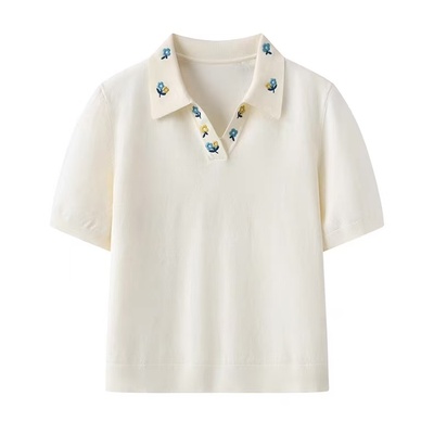 阔系の杏色刺绣碎花polo领针织衫女2025夏季新款宽松翻领短袖T恤