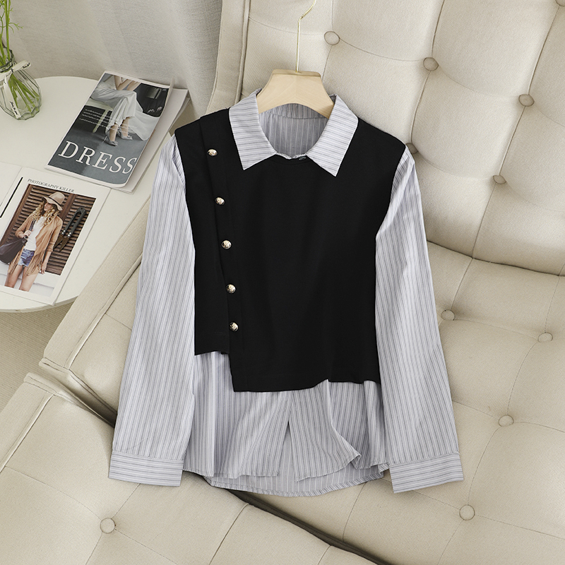 宽松文艺范套头长袖假两件衬衫