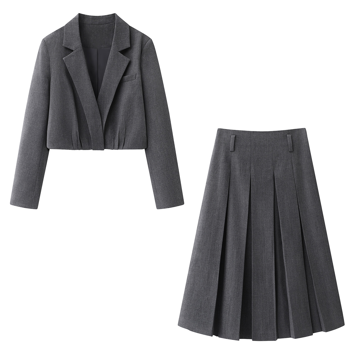 朗系の灰色西装套装女2026春款职场通勤高级感百褶半身裙两件套女
