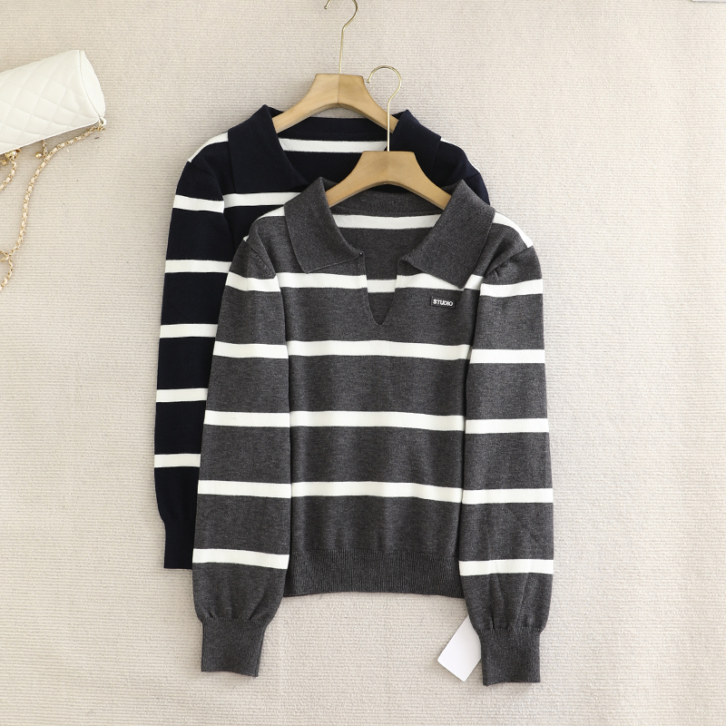 伊系の墙裂推荐！2025秋冬季时尚百搭POLO领条纹套头针织衫毛衣女