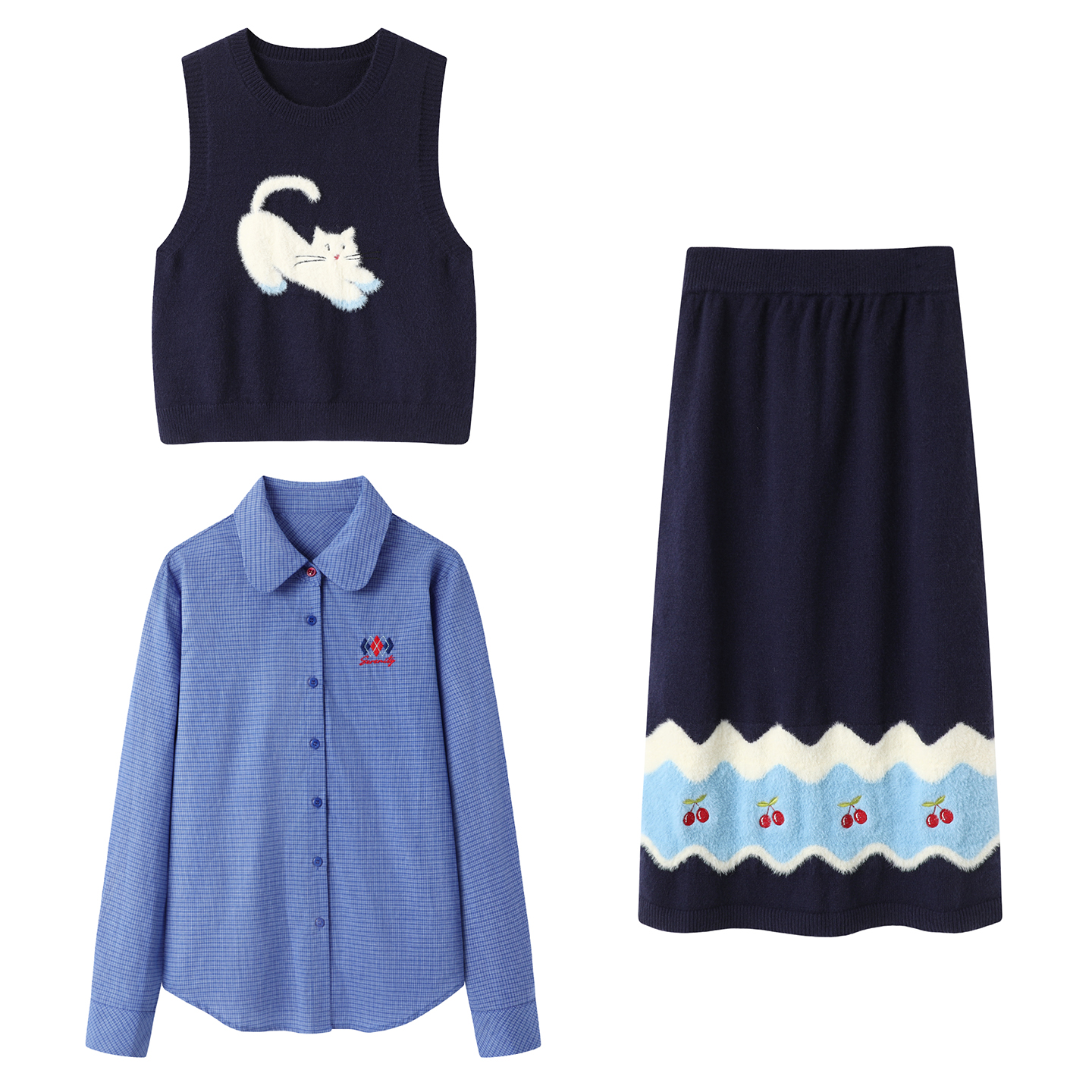 法式趣味猫咪提花圆领无袖针织马甲条纹衬衫针织半身裙两件套女