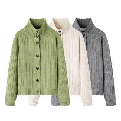 彩系！休闲立领针织开衫女2025秋冬季新款宽松慵懒风高领毛衣外套