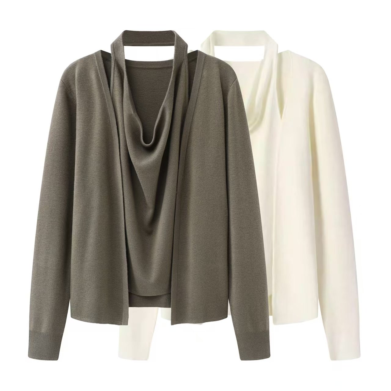 鸟家！2026春新款百搭荡领假两件针织衫女修身气质挂脖系带毛衣女,女装/女士精品,毛针织衫,淘宝优惠券,粉丝福利购,淘宝优惠卷