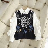 气质花朵提花针织拼接假两件休闲衬衫 秋时尚 女 高街设计感 伊家